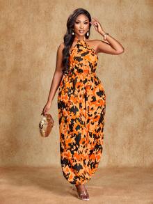 Brilight 女士日常休闲装，适合假日、通勤、度假和音乐节等场合。波西米亚风无袖连体裤，蝴蝶结系带露背领口，收腰设计，饰有印花图案。女士春夏装。 - 橘色 - 查看 4