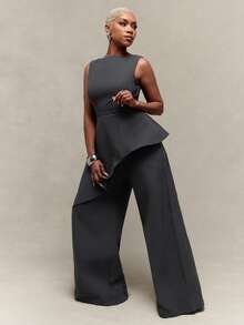 Vixey Solid Charcoal Draped Asymmetrical Open Back Wide Leg Jumpsuit - Dark Grey - View 4