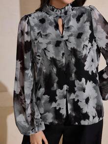 Graceveil Elegant blus i chiffong med mandarinkrage och volangkant, blommönster och långärmad design. - Multifärgad - Visa 7