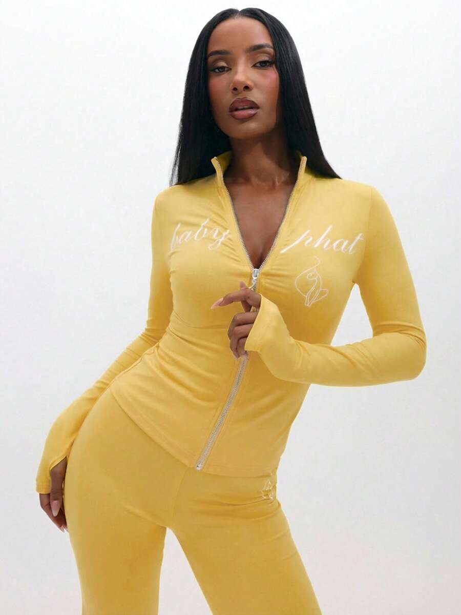 BABYPHAT Áo dài tay có khóa kéo, in chữ và cổ đứng, thích hợp mặc hàng ngày. - Màu vàng ngỗng - Xem 1