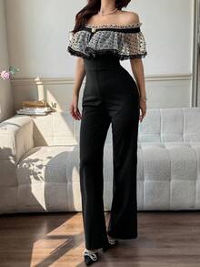 Feyla Women's Elegant Off-Shoulder Ruffle Jumpsuit, Everyday Wear Off The Shoulder Jumpsuit Poka Dots Jumpsuit Polka Dot - Black - View 2