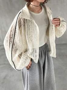 FRIFUL Women's Lace Lantern Sleeve Open Front Loose Jacket - Beige - View 3