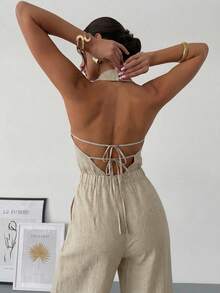 Firerie 女士优雅新款春夏亚麻质感连体裤，复古现代不对称领无袖露背蝴蝶结装饰修身黑色办公连体裤，适合音乐会、舞会和狂欢节等场合。 - 杏色 - 查看 3