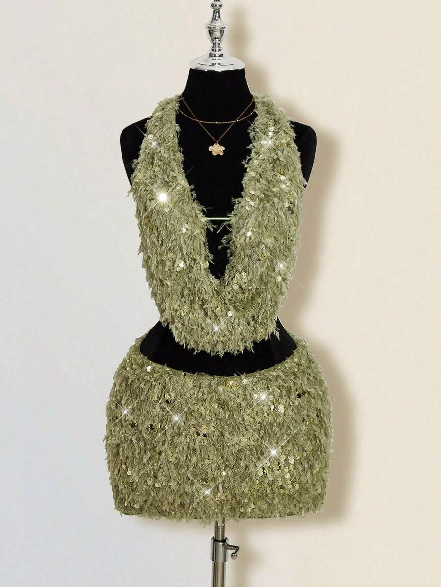 SHEIN ICON 女士米色蓬松生日闪亮派对性感亮片露背吊带上衣和迷你裙两件套,夏季 - 橄欖綠 - 查看 1