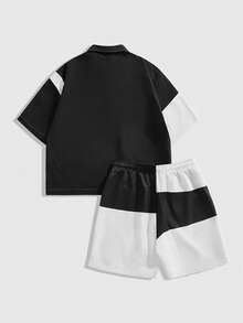 ROMWE MEN Prep Men's Collegiate Style Color Block Letter Print Zip-Up Short Sleeve Shirt And Drawstring Waist Shorts Set, Spring/Summer - Multicolor - View 2
