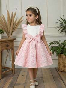 Glamorique Kids Abito elegante e carino da ragazza con maniche a cappuccio, fiocco di perle e blocchi di colore - Rosa - Visualizzare 3