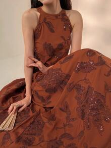 DAZY Women's Elegant Sequin Floral Embroidery Halter Dress, Summer Sundress - Brown - View 9