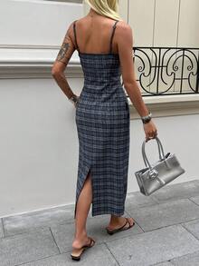 DAZY Damen kariertes figurbetontes elegantes Maxikleid Sommerkleid für Frauen - Blau - Übersicht 7