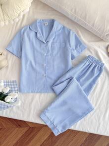SHEIN 少女条纹领开衫短袖衬衫和裤子睡衣套装 - 藍白色 - 查看 3