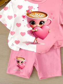 SHEIN 2pcs/Set Baju Lengan Pendek dan Celana Pendek Motif Balerina & Cappuccino Lucu untuk Anak Perempuan, Cocok untuk Musim Panas, Kembali ke Sekolah - MultiWarna - View 6