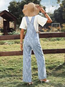 Breezaya Women's Plant Pattern Pocket Casual Wide Leg Denim Jumpsuit Spring Summer  Vacation - Blue - View 2