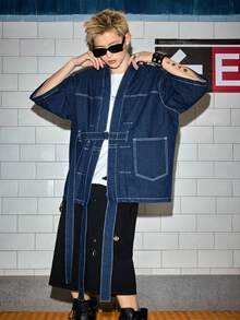 ROMWE MEN Friday the 13th X ROMWE 男士宽松牛仔衬衫，带缎带 - 黑色 - 查看 8