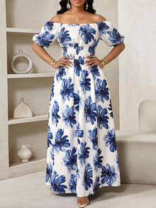 SHEIN Lady 女士优雅印花露肩连衣裙，夏季 - 彩色 - 查看 6