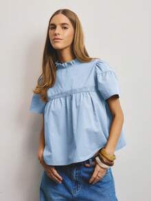 Aralina 女士休闲纯色泡泡袖衬衫，夏季 - 淺藍色 - 查看 7