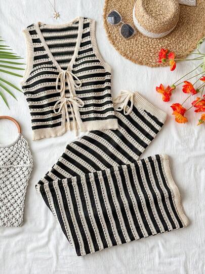 Travachic Women's Vacation Casual Striped Tie-Up Sleeveless Knit Top And Pants 2 Pieces Set,Vacation Casual Terno Outfit For Women,Summer Holiday Outfits,Spring Break Outfits,Party Outfit,Beach Outfit,Spring Clothing,Valentine Outfits For Women,Carnival Costume,Elegant,Floral,Carnival,Spring To Summer ,Party ,Summer Set,Wedding Guest Set For Women,Birthday Set,Party Set,Elegant Set For Women,Floral Set,Summer Set,Carnival Costume, Mexican Style Set Women Boho Set For Women,Tropical,Bohemian,Ibiza,Western,Graduation Set, Graduation Outfit For Mother