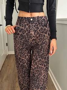 Sydney Algeri Leopard Print Straight Leg Casual High Waist Loose Wide Leg Cargo Pants - Multicolor - View 5