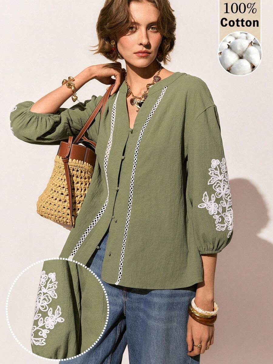 Poéselle 女士休闲花卉刺绣前扣翻领棉质衬衫，可爱夏季上衣，外出上衣，优雅，适合度假、海滩、夏季穿着，日常、办公和休闲场合皆宜，春夏波西米亚灯笼袖绿色衬衫