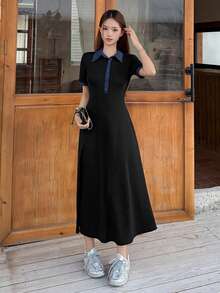DAZY Women's Contrast Color Korean Style Casual Long Sleeve Midi Dress Sundress - Black - View 3