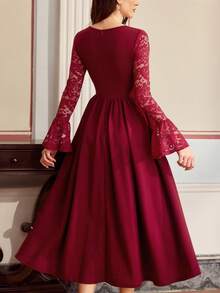 Vintamour Elegant Burgundy Women's Vintage Midi Dress,Lace Patchwork Bodice Long Sleeve Autumn Dining Party Dress With Pockets,Valentine's Day Holiday Outfit - Burgundy - View 7