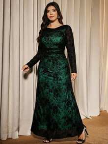 Elaquor Plus Size Women Floral Flocked Mesh Long Sleeve Ruffle Elegant Dress - Dark Green - View 5