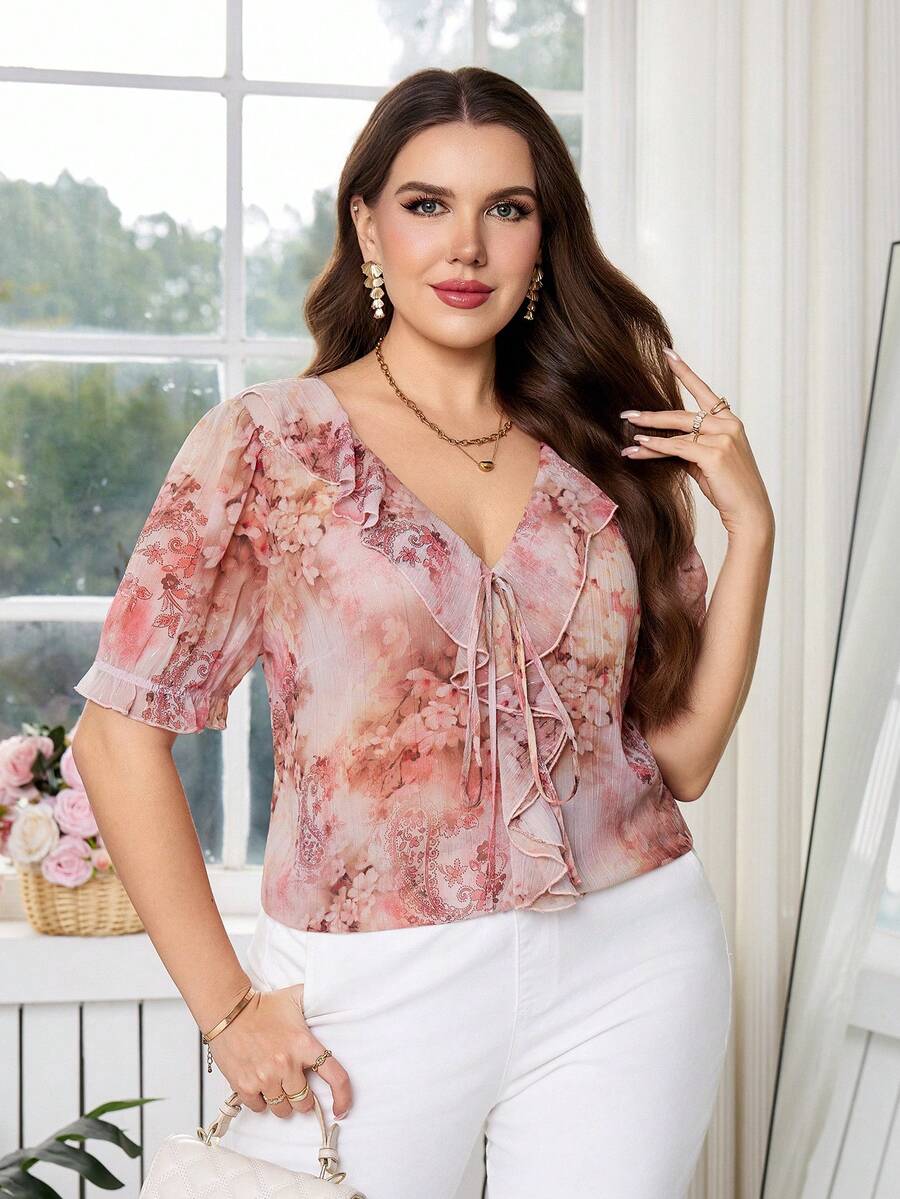 Reflora Plus Size Women Summer Casual Printed Tie Front Short Sleeve Shirt, Going Out Tops - Pink - View 1