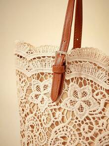 Travachic Summer Fresh & Gentle Lace Tote Bag, Hollow Out Casual Large Capacity Handbag For Work & Commute - Khaki - View 3
