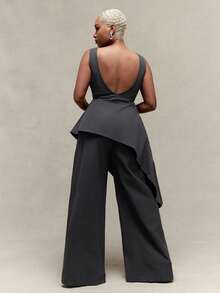 Vixey Solid Charcoal Draped Asymmetrical Open Back Wide Leg Jumpsuit - Dark Grey - View 5