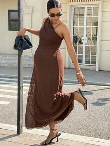 MaterniWear Brown Asymmetrical Neckline Ruffled Elegant Sleeveless Dress For Pregnant Women; Chocolate Brown Dress; Brown Maxi Dress; Elegant Brown Dress; Women's Brown Wedding Guest Dress; Maternity Dress; Maternity Wear; Elegant Summer. - Chocolate Brown - View 6