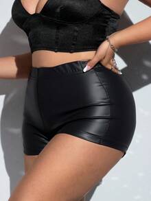 SHEIN ICON Plus-Size Women's Shiny PU Mini Shorts, A Fashionable Choice For Summer. - Black - View 1