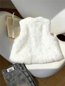 Tween Girl Casual Warm Front Open Sleeveless Jacket, Autumn/Winter - Beige - View 2