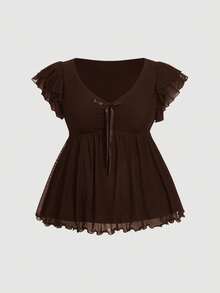 SHEIN MOD Plus Size Polka Dot Mesh Bow Tie Puff Sleeve Ruffle Trim Blouse - Coffee Brown - View 1