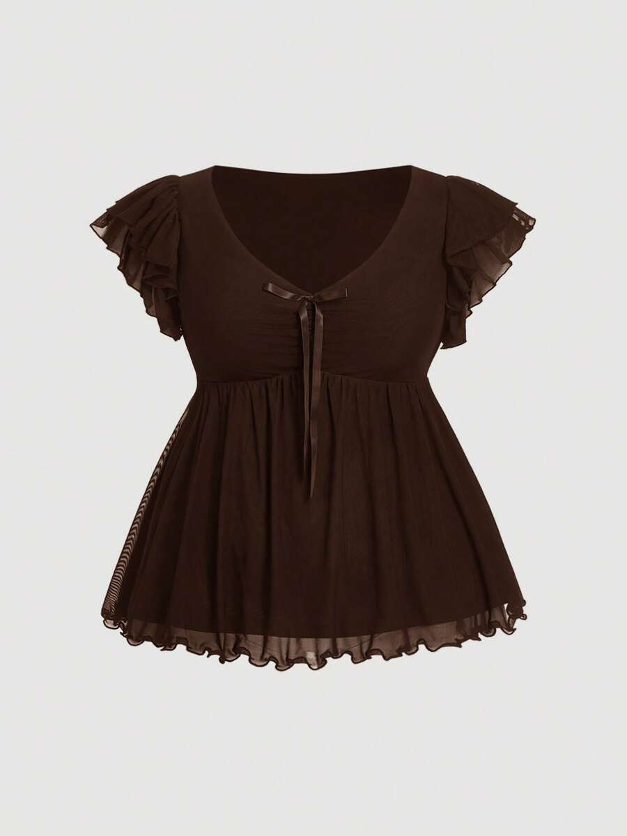 SHEIN MOD Plus Size Polka Dot Mesh Bow Tie Puff Sleeve Ruffle Trim Blouse - Coffee Brown - View 1