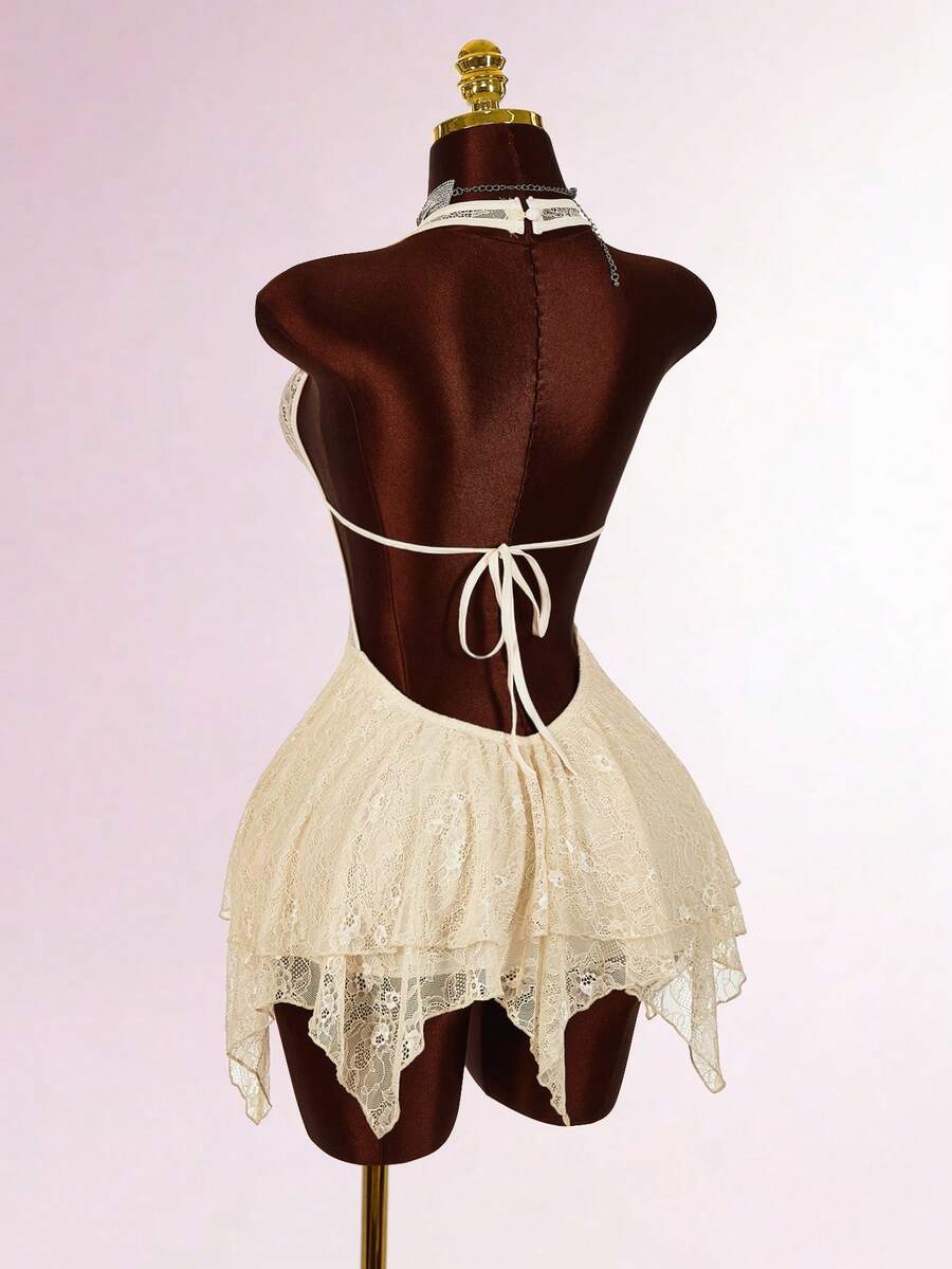 Amplova 深V领露背蕾丝拼接不对称下摆甜美别致街头风迷你连衣裙，适合年轻女孩