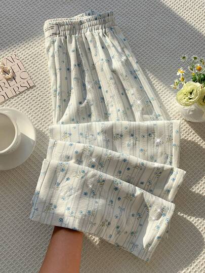 CovetEZ Women's Casual Sweet Vacation Style, Versatile For Everyday Wear, Blue Sequined Floral Print, Stretch Waist, Loose Fit, Slimming Long Pants