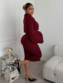 Maria Perezxox 2pcs Women's Casual Knitted Sweater Top And Long Skirt Set, Loose Fit Turtleneck Long Sleeve Crop Top And Skirt, Autumn/Winter - Red - View 2