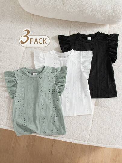 Young Girl Solid Color Round Neck Hollow Embroidery Short Cap Sleeve T-Shirt