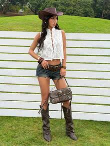 SHEIN EZwear Music Festival Women's Summer Vacation Sexy White Woven Hollow Out Embroidery Front Tie Cardigan - White - View 3