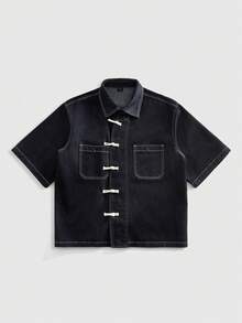 ROMWE MEN Street Life Áo sơ mi denim nam kiểu Trung Quốc, phối màu tương phản, thích hợp mặc hàng ngày đi làm, phong cách thường ngày, thích hợp cho mùa hè. - Nhiều màu - Xem 7