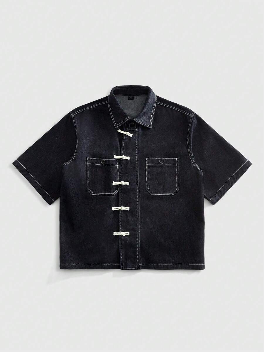 ROMWE MEN Street Life Áo sơ mi denim nam kiểu Trung Quốc, phối màu tương phản, thích hợp mặc hàng ngày đi làm, phong cách thường ngày, thích hợp cho mùa hè. - Nhiều màu - Xem 1