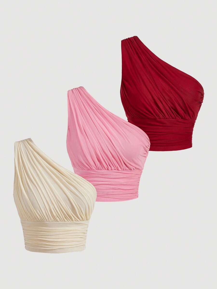 SHEIN MOD 3件套女士弹力修身荷叶边装饰短款上衣 - 彩色 - 查看 1