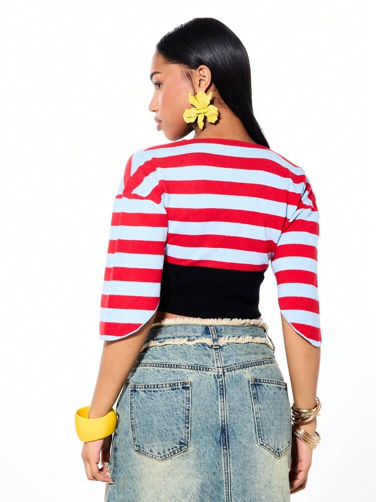 SUMWON Maglia a maniche a tre quarti con scollo a V profondo, con lacci frontali e righe, adatta per l'abbigliamento casual estivo