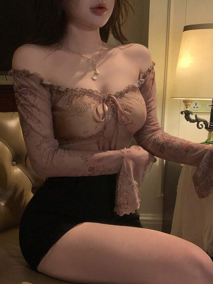 Women's Allover Ditsy Floral Sheer Mesh Shoulder Cutout Long Sleeve Top Going Out Tops Women Summer Easter Off The Shoulder