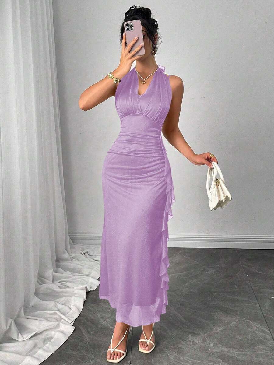 Modelyn Women's Spaghetti Strap Waist Ruched Side Slit Ruffle Hem Solid Color Camisole Dress Halter Neck Dress - Mauve Purple - View 1