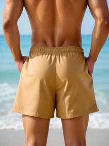 Manfinity KASUA Men's Solid Color Elastic Waist Drawstring Beach Shorts, Holiday - Camel - View 2