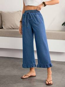 Breezaya 女士松紧腰系带荷叶边牛仔裤 - 藍色 - 查看 4