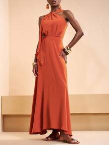 Zivah New Spring/Summer New Arrival, Suitable For Birthday Parties, Graduation Season, Everyday Outings, Versatile Casual Vacations, Cruise Travel, Beach Sunbathing, Online Bestseller, Christmas, Casual And Elegant, Linen-Feel Crinkled Halter Neck Women's Jumpsuit Elegant Dress - Brown - View 5