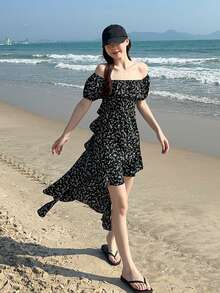 DAZY 女士黑色波点露肩不对称中长连衣裙吊带裙夏季波西米亚风度假装扮 - 黑色 - 查看 2