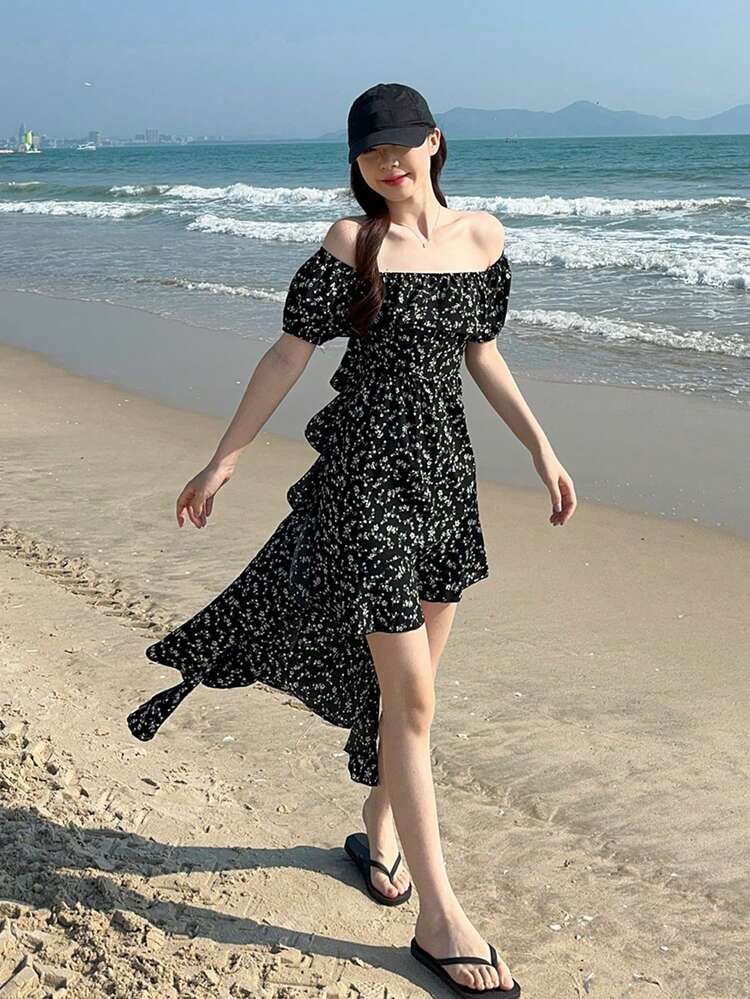 Women's Black Polka Dot Off-Shoulder Asymmetrical Midi Dress Sundress Summer Boho