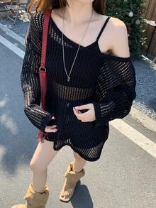 DAZY Women's Korean Style Summer Casual Mesh Knit Vacation Blouse - Black - View 3