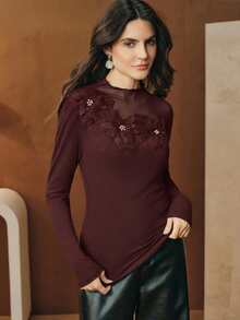 Anewsta Trang phục mùa xuân: Áo thun lưới xuyên thấu cao cấp phối họa tiết hoa ngọc trai 3D, thích hợp cho hẹn hò, du lịch, kết hợp với quần jeans hoặc quần tây. Áo thun dài tay màu đỏ tía, lý tưởng cho các bữa tiệc, hẹn hò, du lịch, dã ngoại và công sở. - Màu Đỏ Sâu - Xem 7